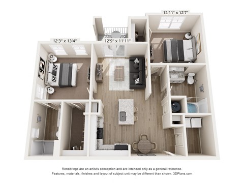 Floor plan for 2 beds, 2 baths, 1064 sqft